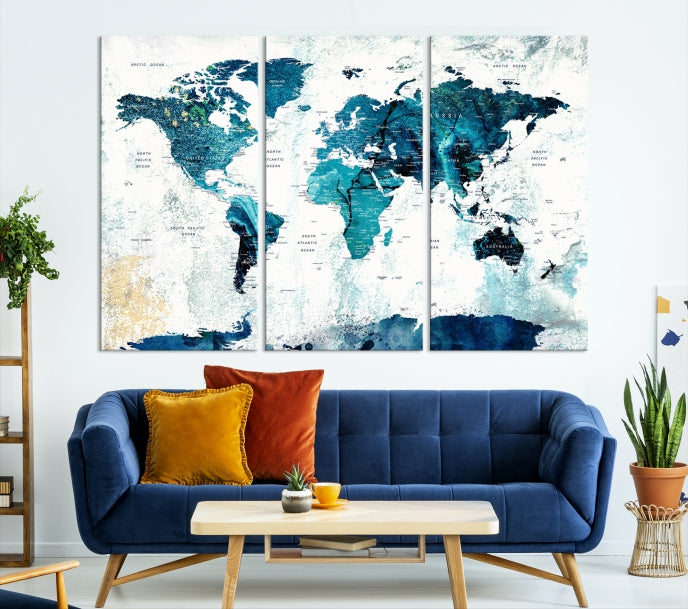 Push Pin World Map with Antarctica Wall Art Canvas Print
