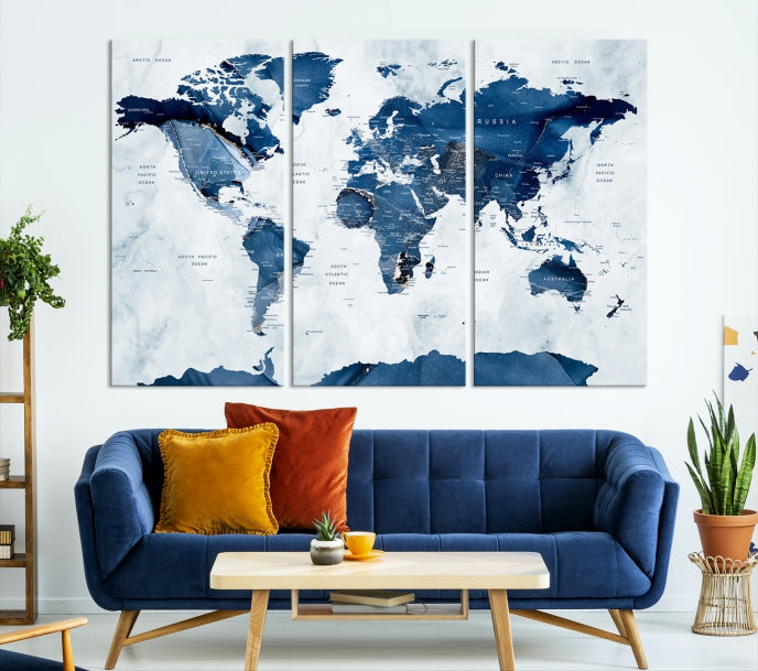 Navy Blue World Map w/ Antarctica Wall Art Canvas Print
