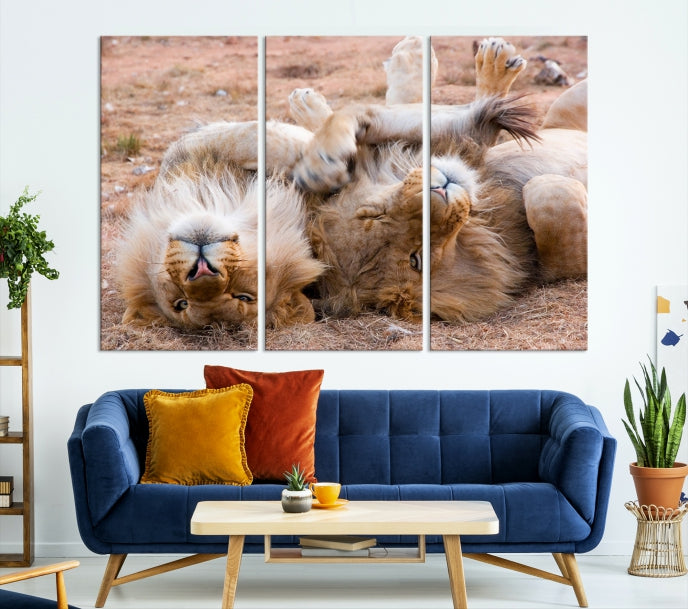 Lions on Africa Savannah Wall Art Canvas Print