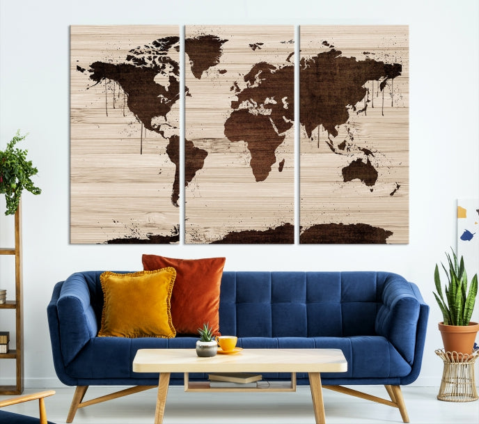 Mapa mundial de arte de pared de acuarela marrón grande Lienzo