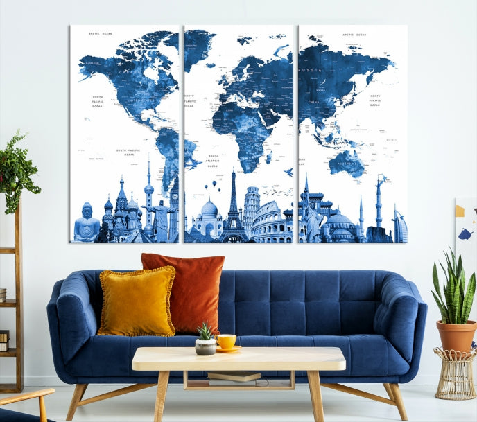 Art mural de carte du monde aquarelle bleue avec merveilles du monde Impression sur toile