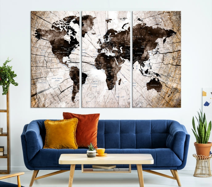 Large Vintage World Map on Wood Style Background Wall Art Print