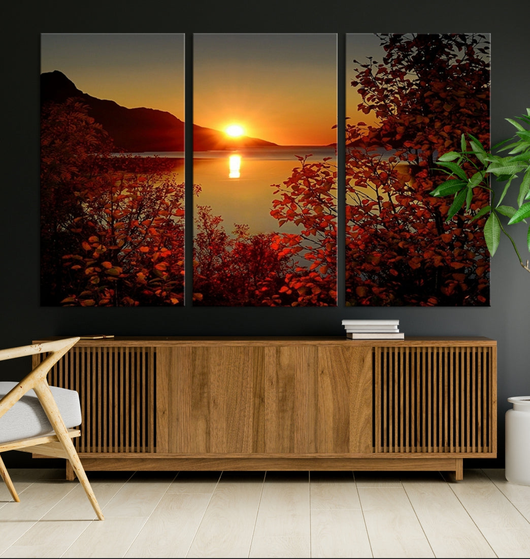 Wall Art Canvas Sunset over Sea and Mountain Between Flowers