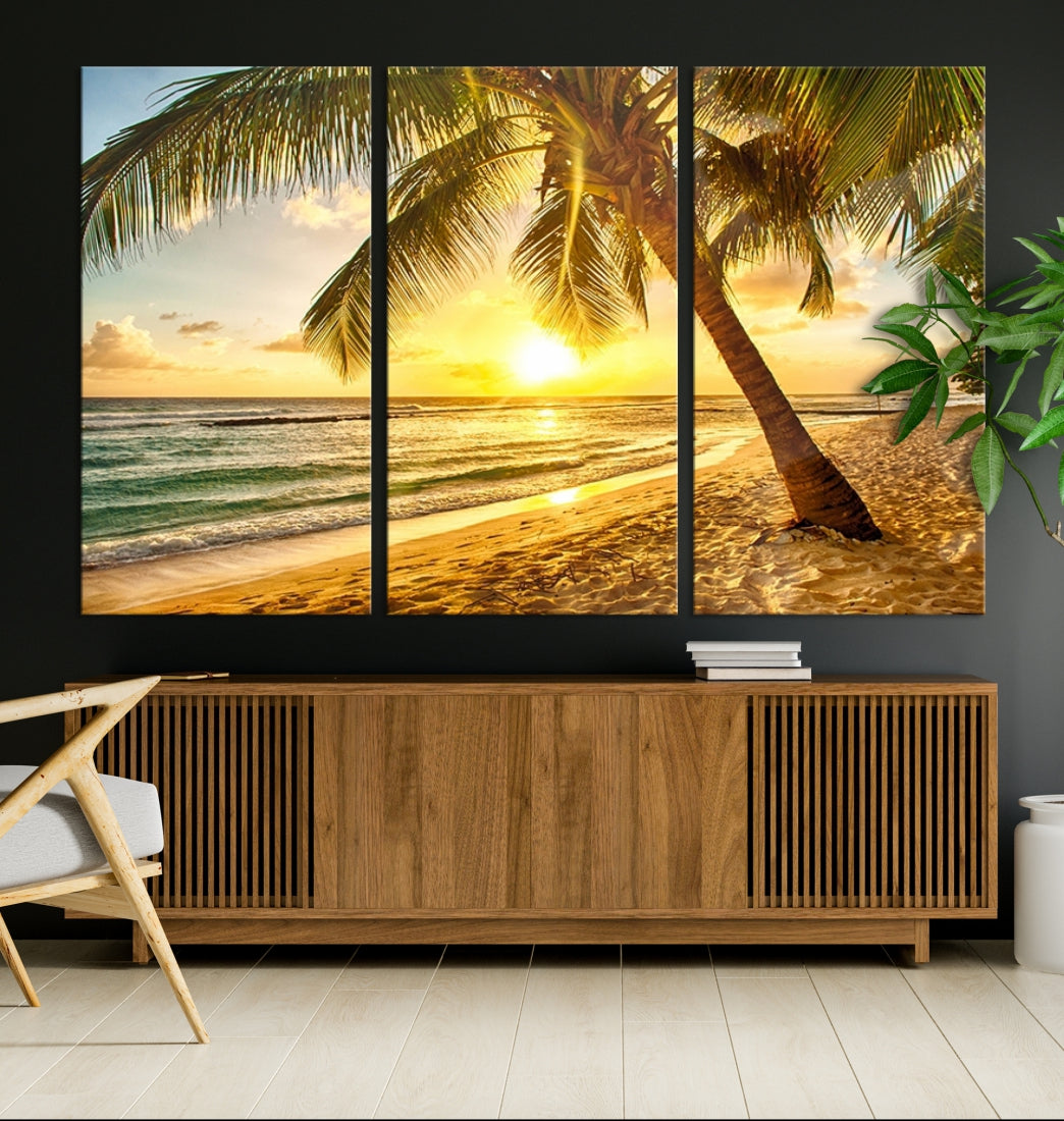 Large Wall Art Canvas Print Palm on Beach at Bright Sunset