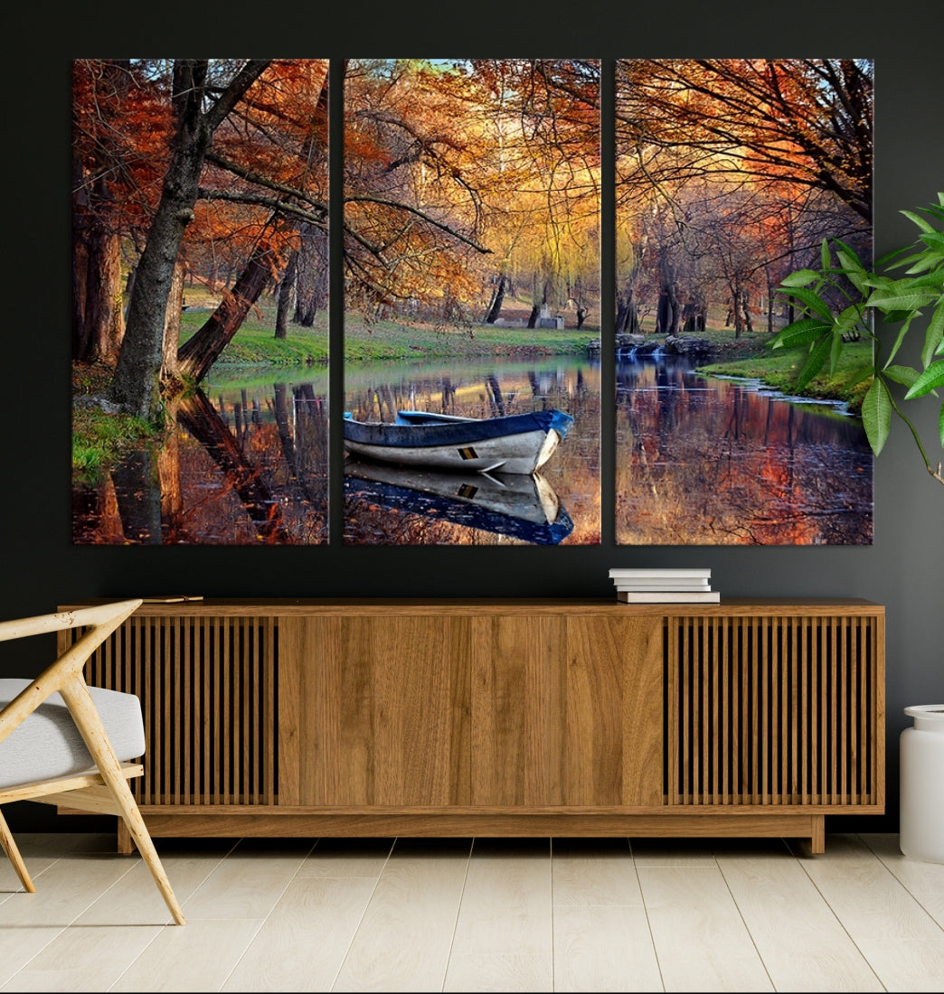 Impresión en lienzo de arte de pared extra grande, maravilloso río en paisaje forestal en paneles de arte de pared de otoño
