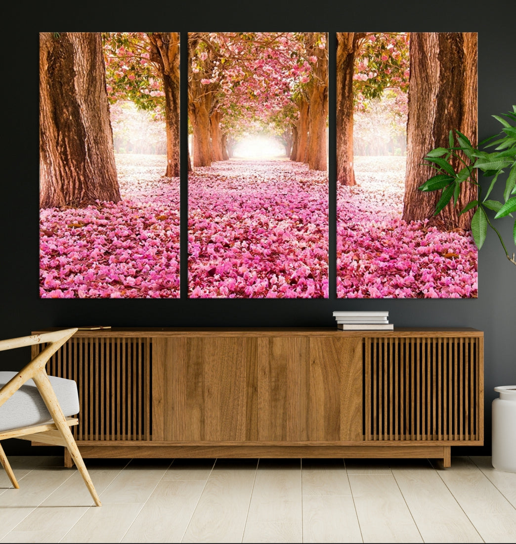 95987 - Extra Large Wall Art Blossom Cherry Canvas Print - Walking on Pink Flowers Between Trees
