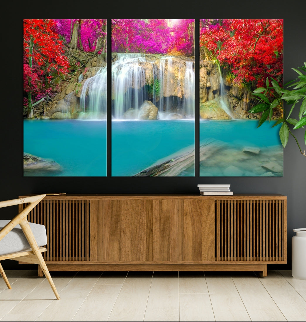 Wall Art Waterfall Landscape with Pink and Red Flowers in Forest Canvas Print