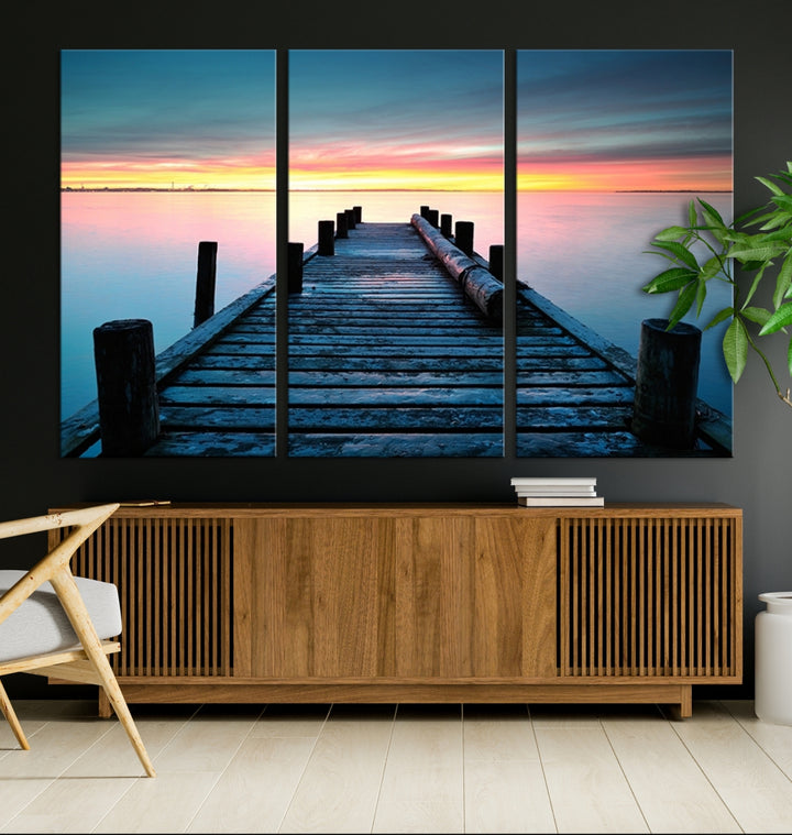 Art mural jetée en bois vintage sur la mer au coucher du soleil Impression sur toile