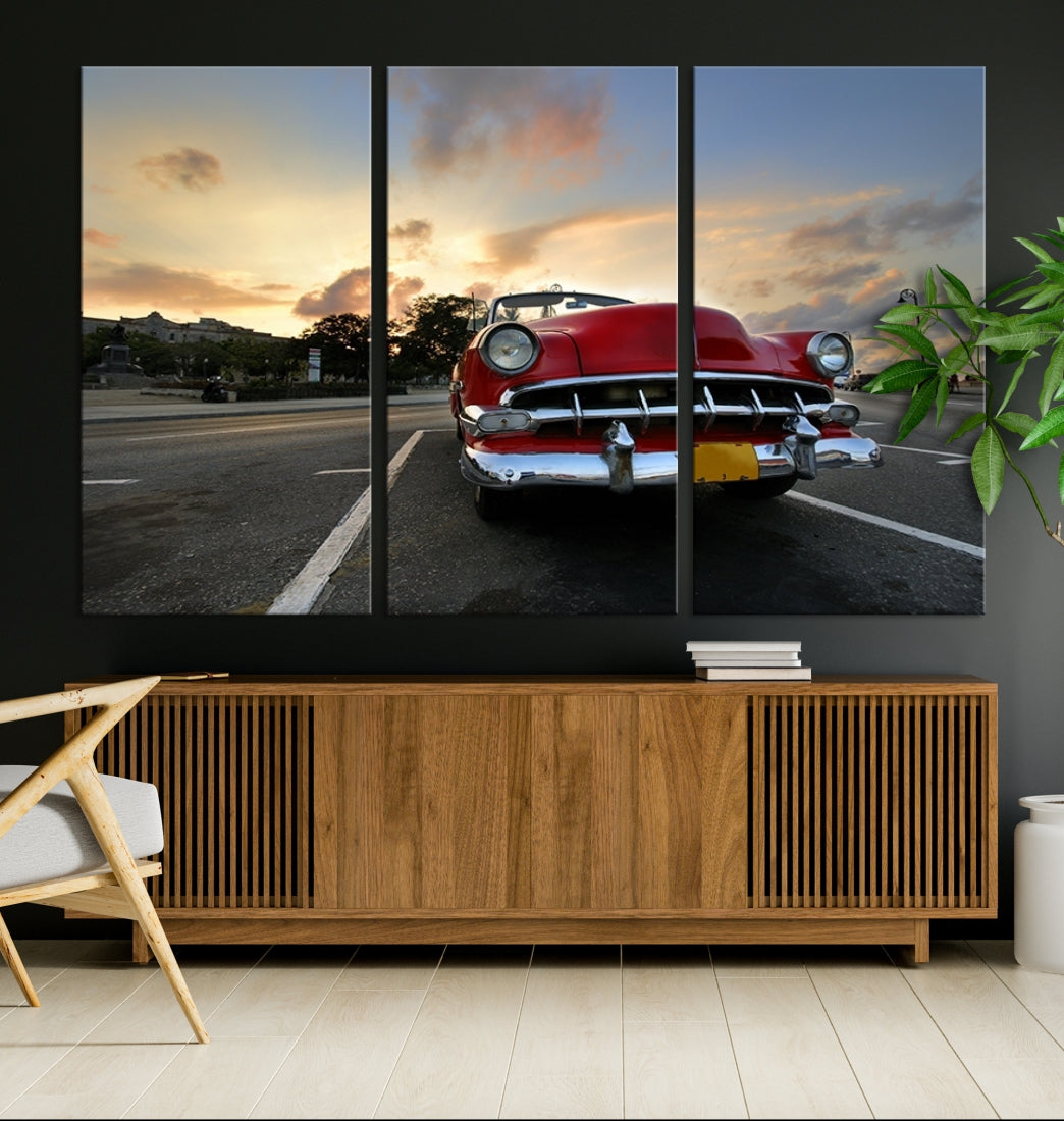 59075 - Large Wall Art Antique Classic Red Car on Road at Sunset Canvas Print