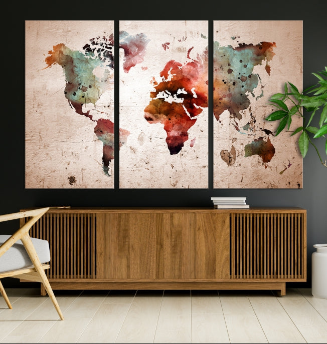 Impresión de lienzo de mapa mundial de arte de pared grande, impresión de lienzo de viaje de mapa mundial de acuarela rústica, impresión de lienzo de mapa mundial de arte de pared grande XXL moderno