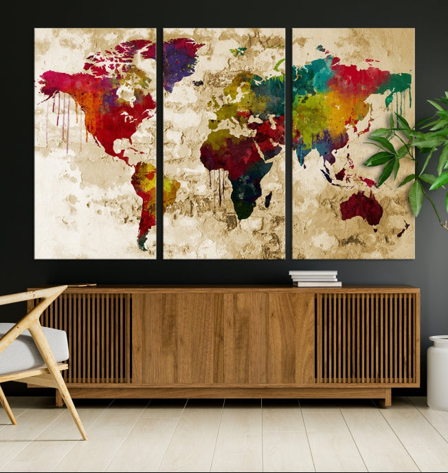Watercolor Large Modern World Map Travel Canvas Print,