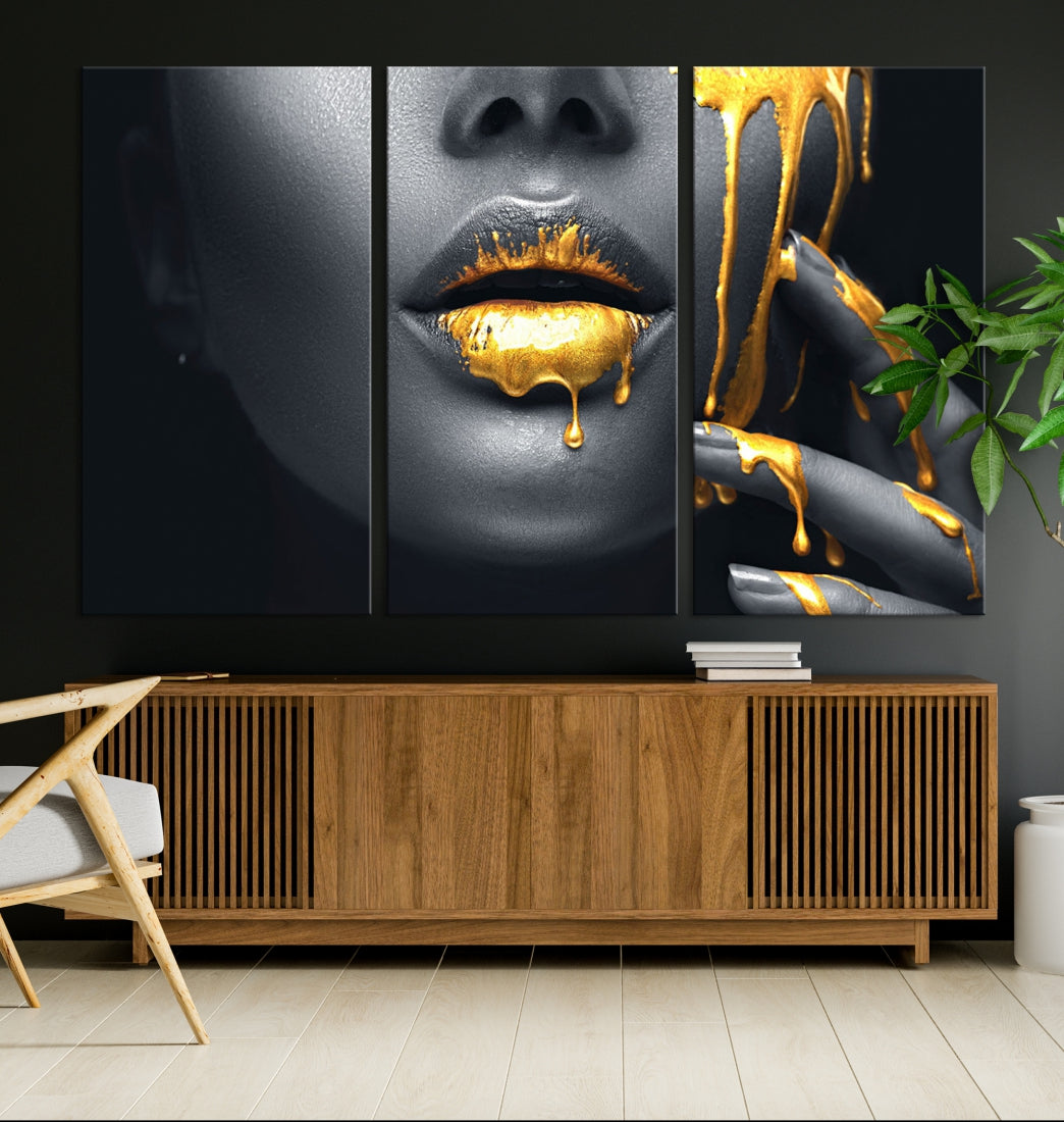 Gold Lips and Black Woman Makeup Canvas Wall Art Print Canvas Art Lips Print Fashion Beauty Extra Large Split Canvas Art Framed
