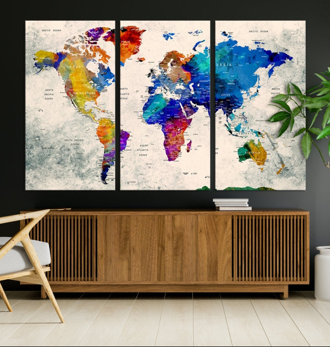 Large Blue Watercolor Wall Art World Map Canvas Print