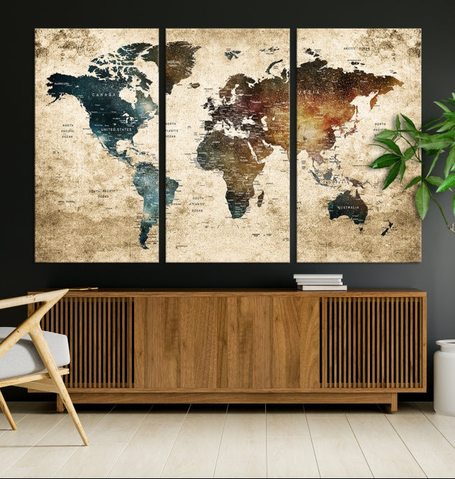 Impresión de lienzo del mapa mundial, impresión de lienzo de alfiler de mapa