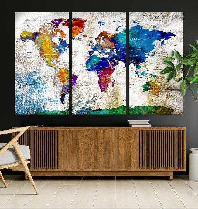 Arte de pared extra grande con mapa del mundo de colores del arcoíris Lienzo