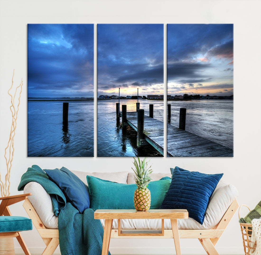 Large Wall Art Canvas Print Pier on Dark Sea with Town Behind at Sunset
