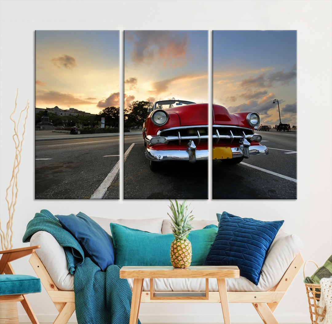 Antique Classic Red Car on Road at Sunset Canvas Print