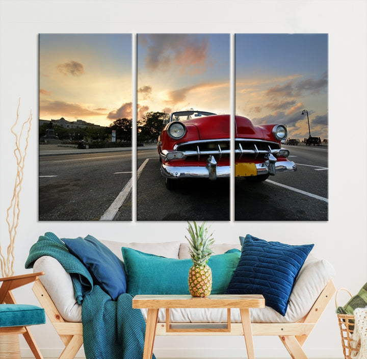 Antique Classic Red Car on Road at Sunset Canvas Print