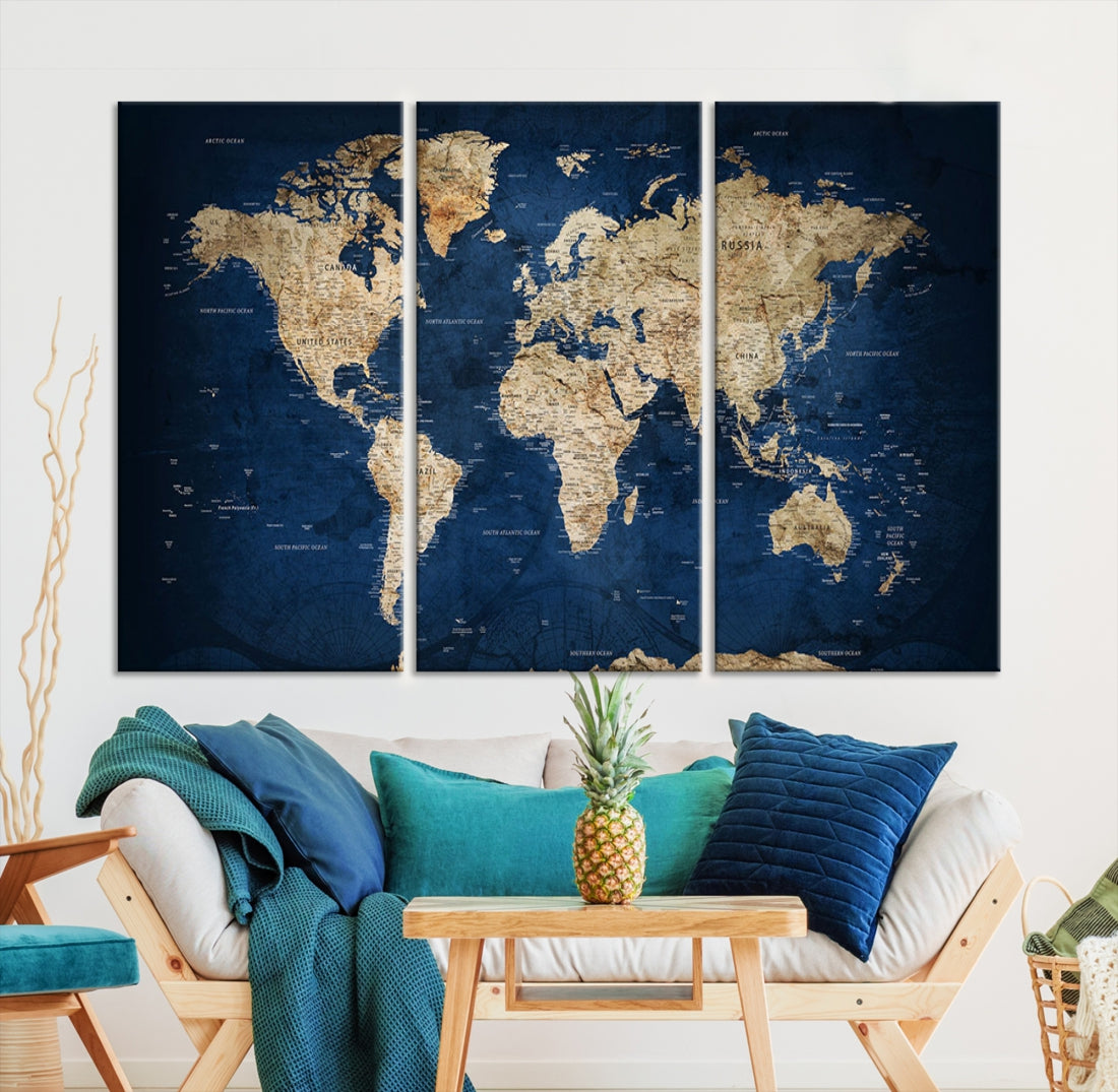 62011 - Vintage World Map Wall Art Print - Grunge Map on Canvas Gallery Wall Set of 3 Panels Gift for Traveler, Large Abstract World Map for Living Room Dining Room Kitchen Office Decor