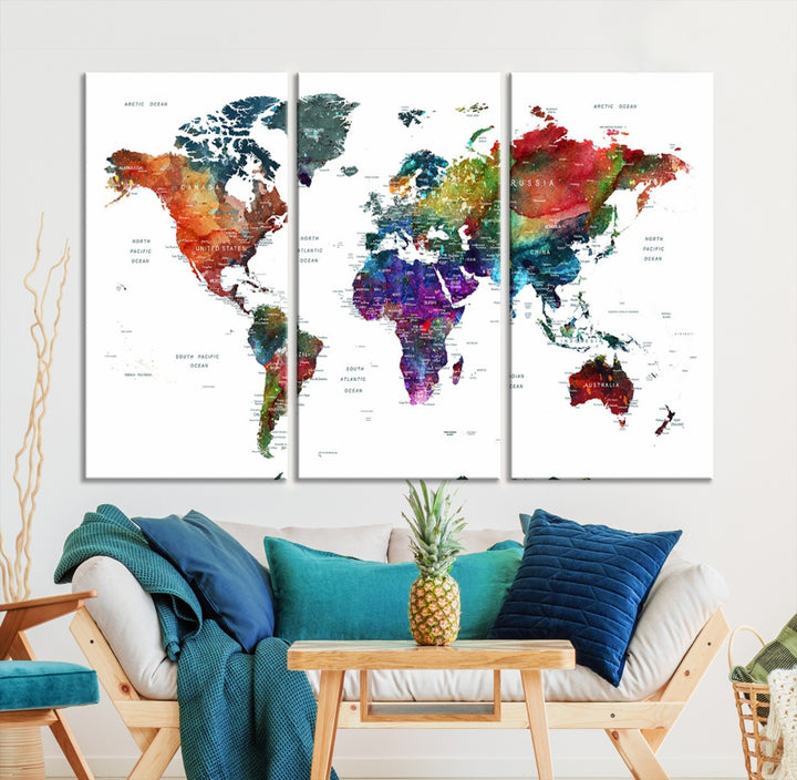 Carte du monde colorée, impression d'art mural, toile de carte Grunge