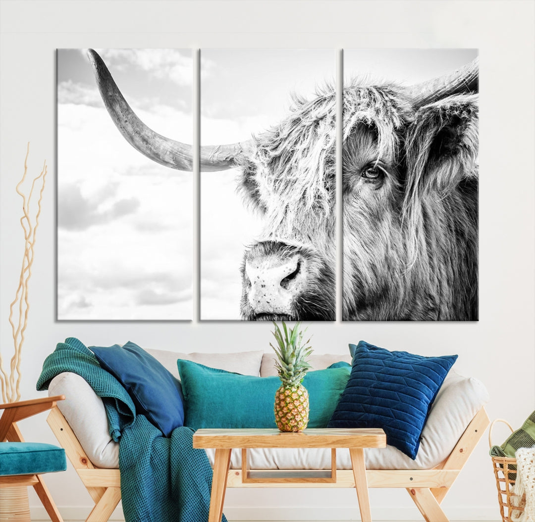 Highland Cow Animal Canvas Wall Art Texas Cattle Art Print Farmhouse Wall Art Canvas Print