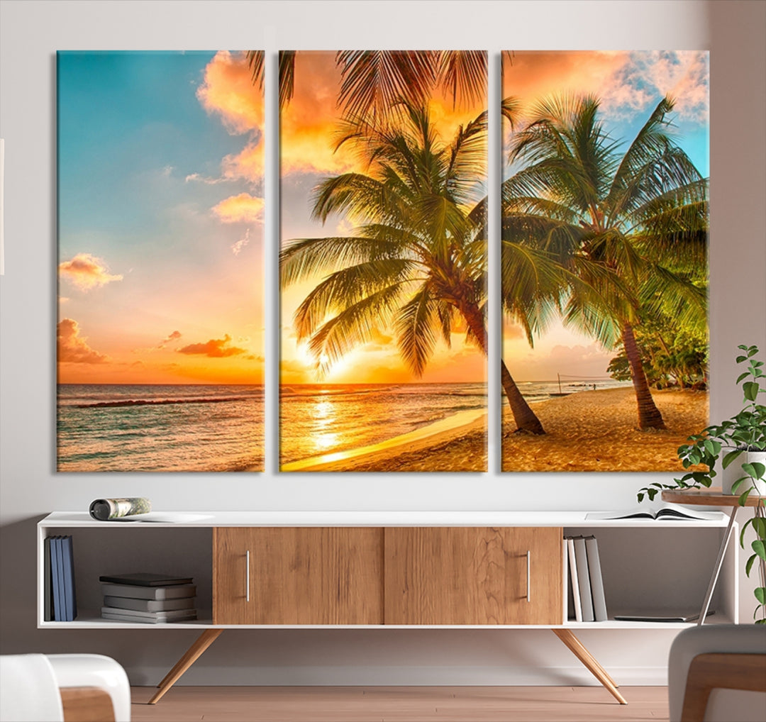 Lienzo decorativo para pared grande, hermosas palmeras en la playa al atardecer