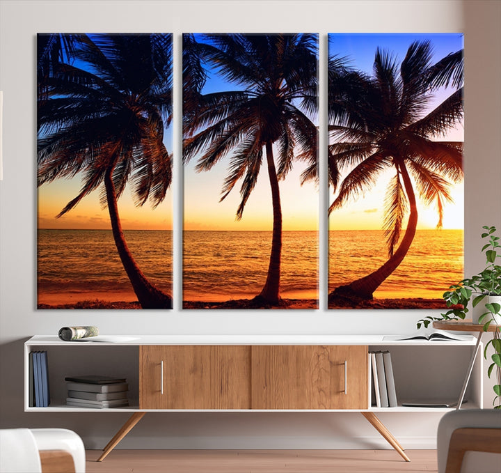 Wall Art Canvas Curve Palms at Sunset on Beach