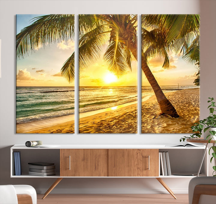 Wall Art Canvas Print Palm on Beach at Bright Sunset