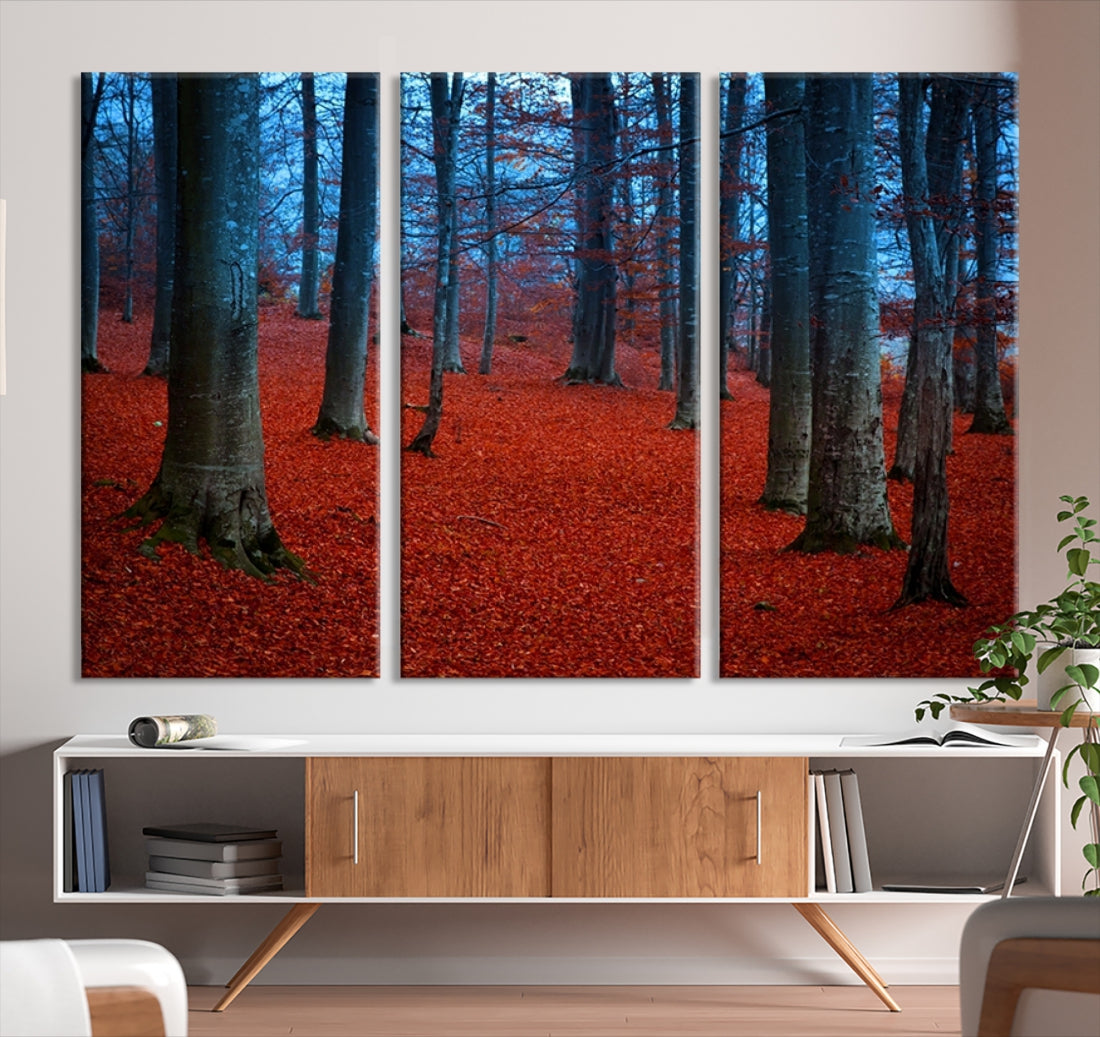 Extra Large Wall Art Landscape Canvas Print - Red Leaves in Blue Forest