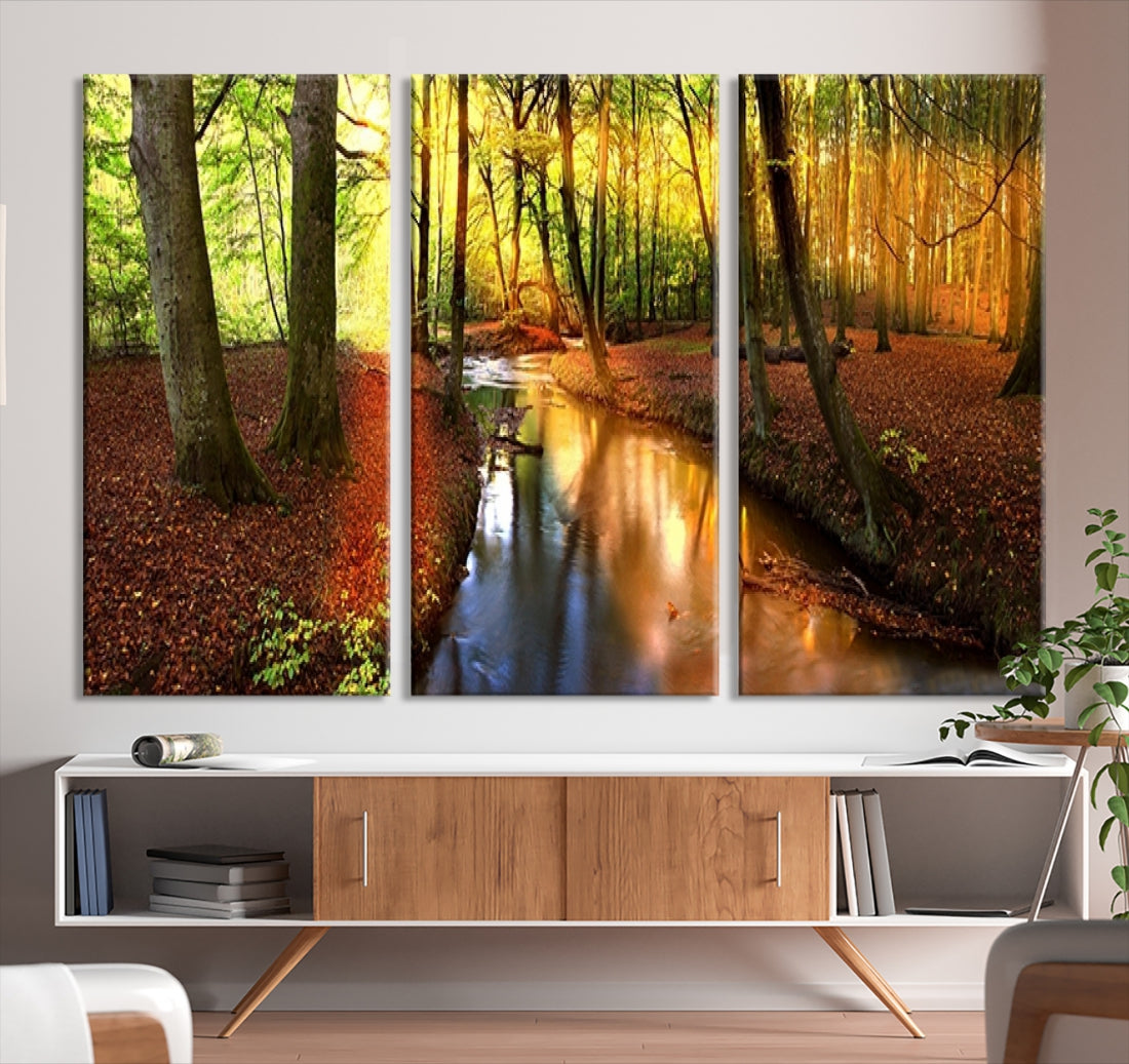 Large Wall Art Landscape Canvas Print - Small River Inside Colorful Forest