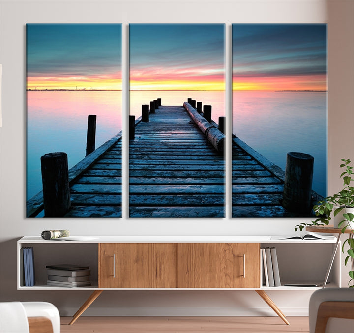 Wall Art Vintage Wooden Pier on Sea at Sunset Canvas Print
