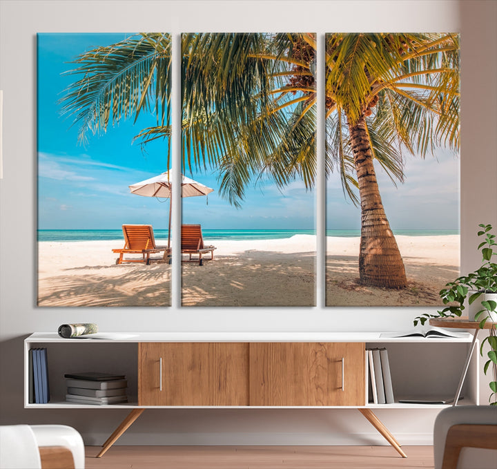 Tropical Beach Lounge Chairs Canvas Wall Art Print