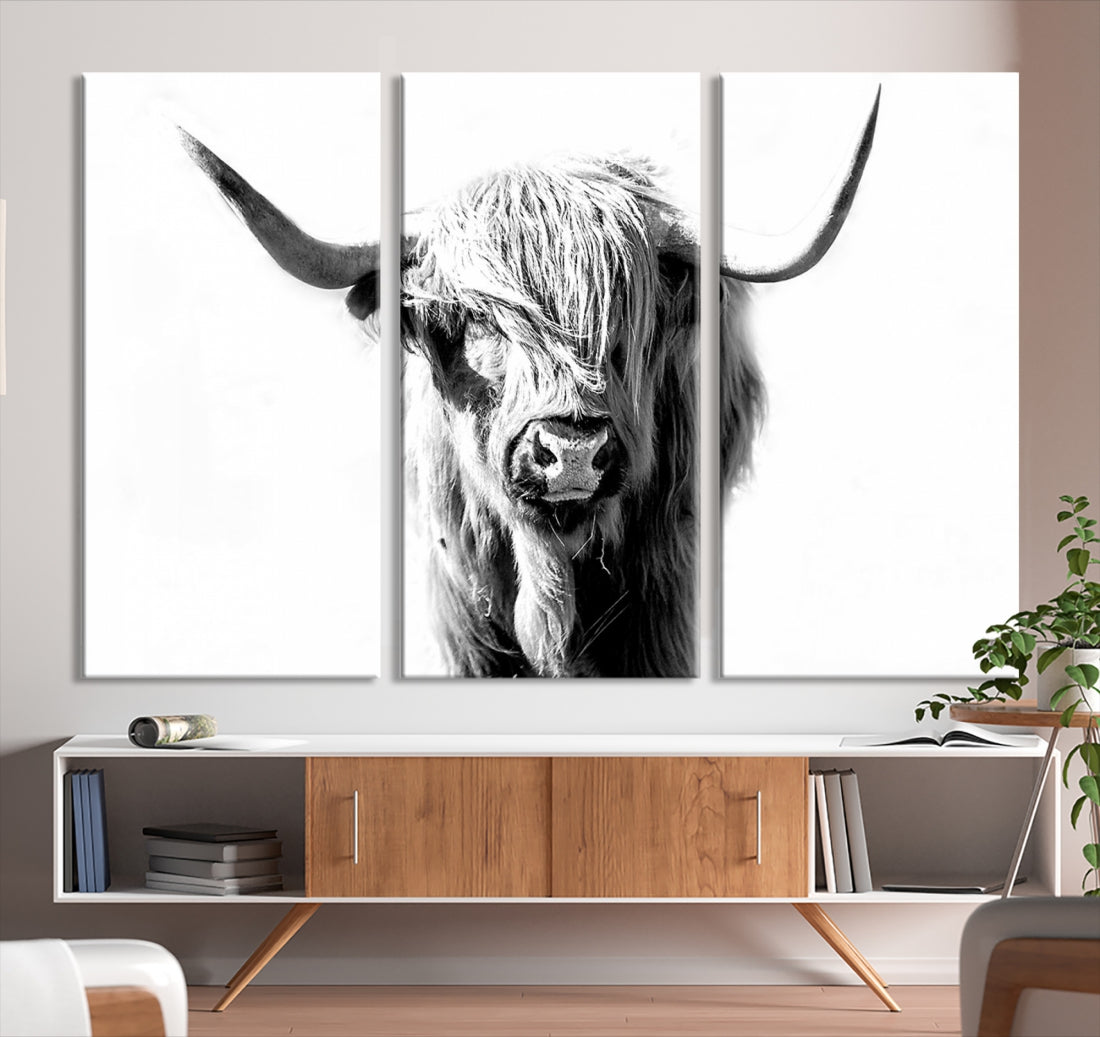 Highland Cow Extra Large Canvas Wall Art Cute Animals Art Cow Print Nature Black and White Canvas Wall Decor Framed