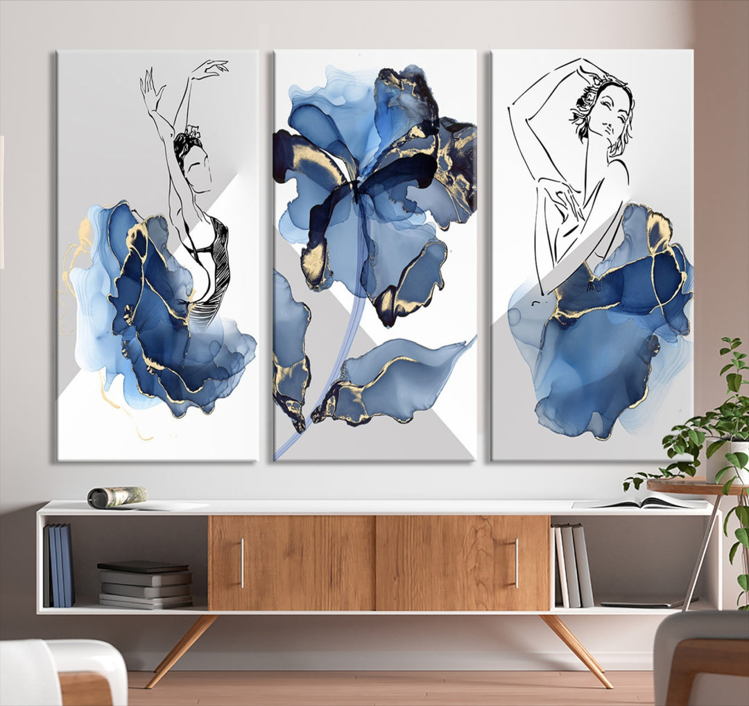 Pintura abstracta de acuarela, obra de arte para paredes, lienzo grande, impresión artística de pared, bailarina azul
