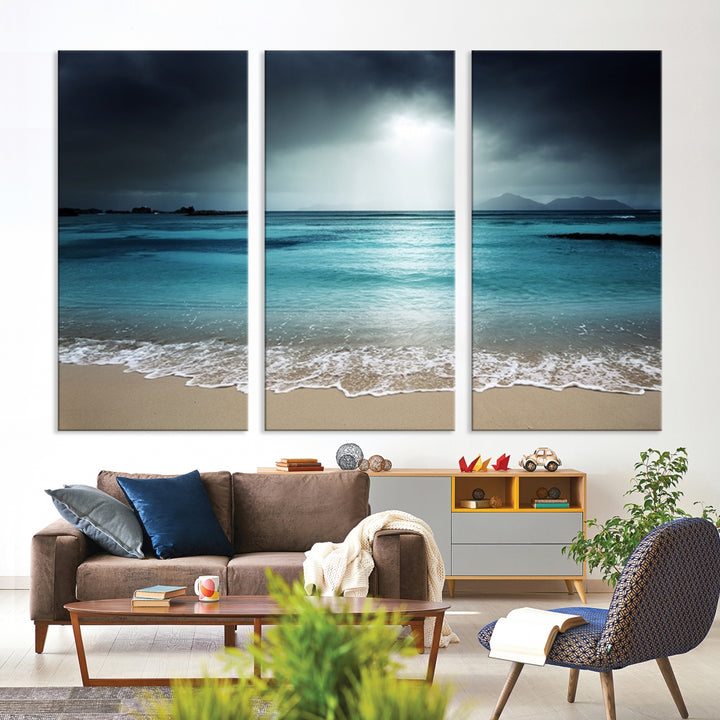 Impresión en lienzo de gran tamaño para pared, playa oscura con océano claro