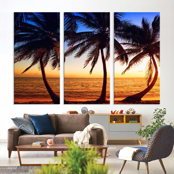 Lienzo decorativo para pared grande con palmeras curvas al atardecer en la playa