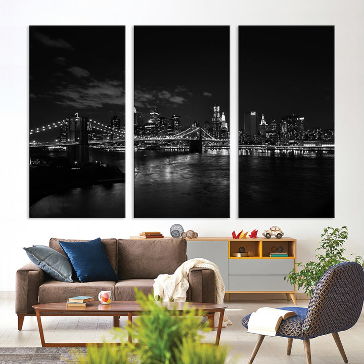 Impresiones en lienzo de NUEVA YORK de arte de pared grande - Paisaje nocturno en blanco y negro del puente de Brooklyn y Nueva York