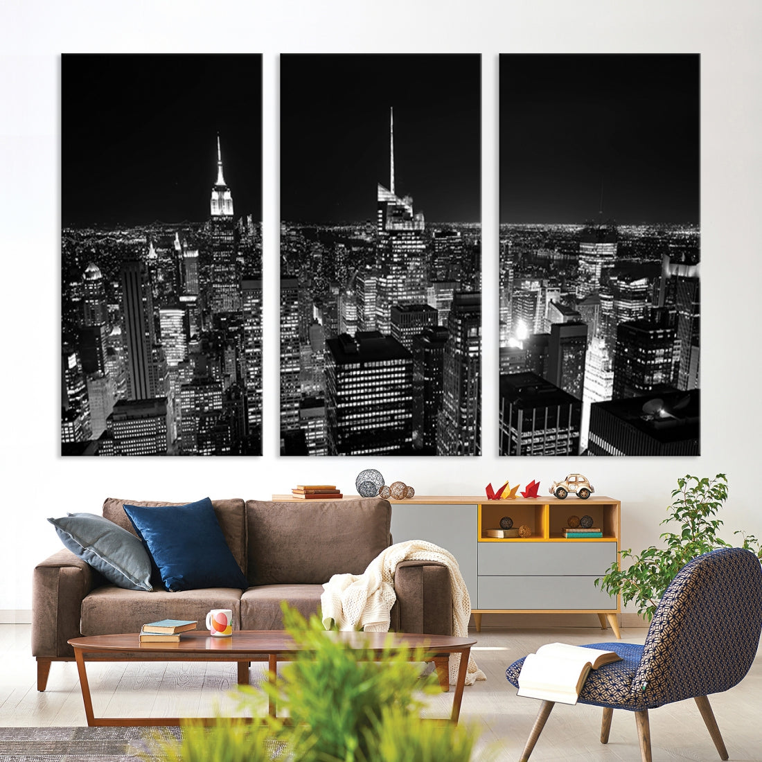 Large Wall Art NEW YORK Canvas Prints - Black and White New York City Skyline at Night