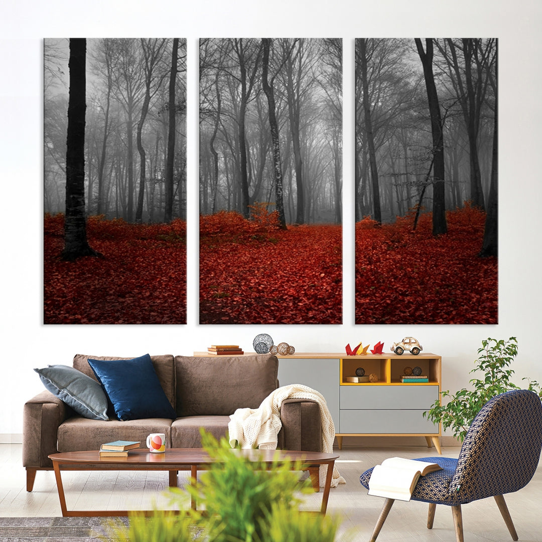 Impresión en lienzo de paisaje de arte de pared grande - maravilloso bosque con hojas rojas en el suelo