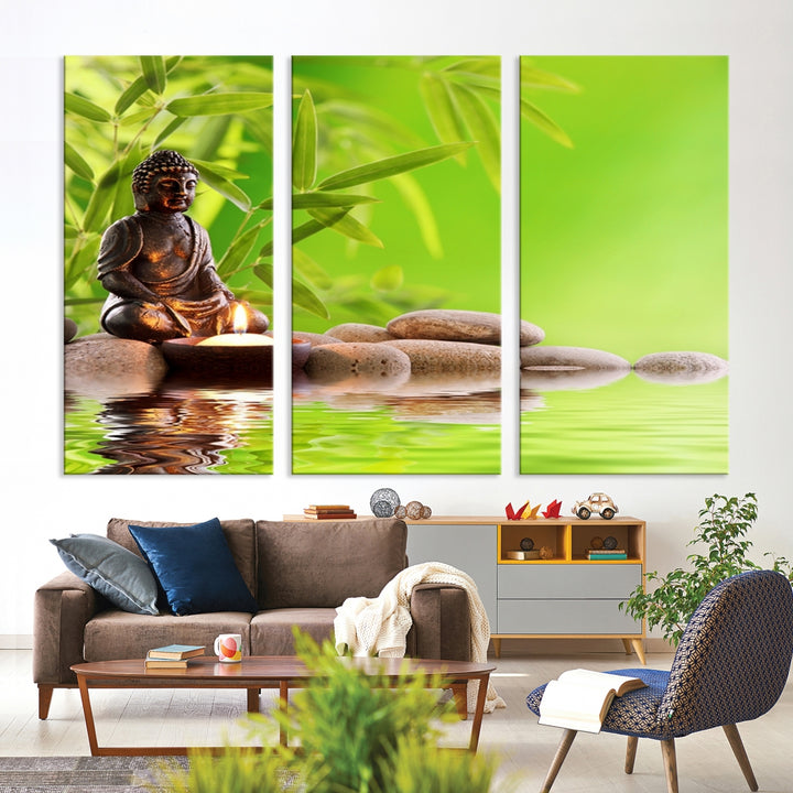 Small Cute Buddha Statue with Zen Stones and Green Leaves Canvas Print