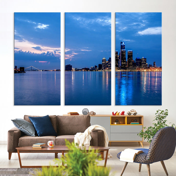 Detroit City Lights Night Blue Cloudy Skyline Cityscape View Wall Art Canvas Print
