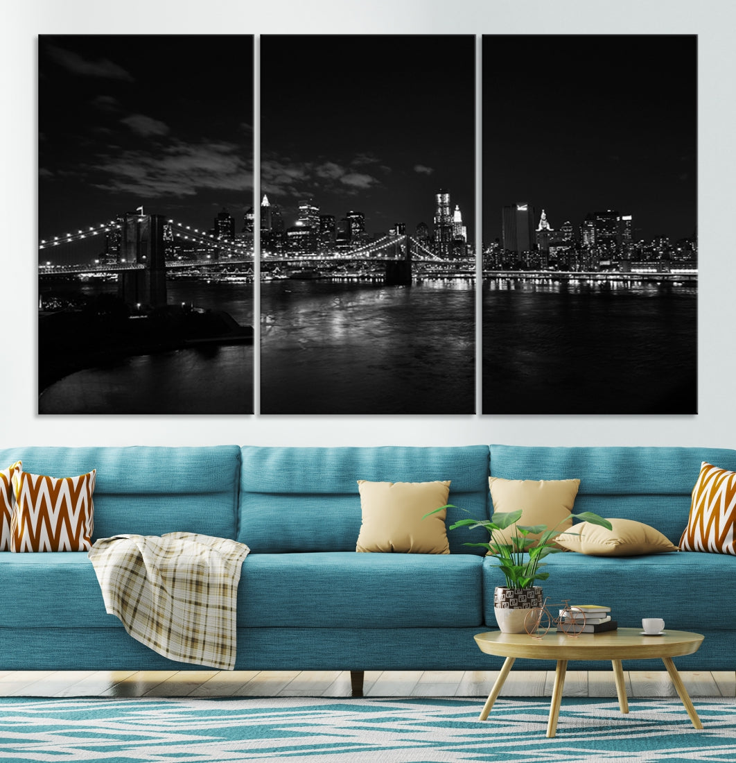 Large Wall Art NEW YORK Canvas Prints - Black and White New York and Brooklyn Bridge Landscape at Night