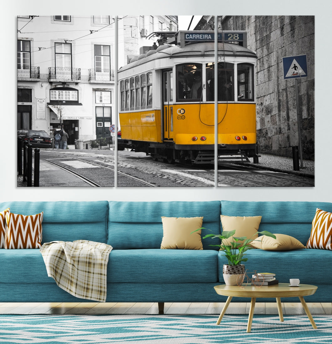 Old Yellow Tram Canvas Wall Art Extra Large Canvas Print Tram Wall Art Vintage Art Black and White Artwork for Walls Cityscape Art