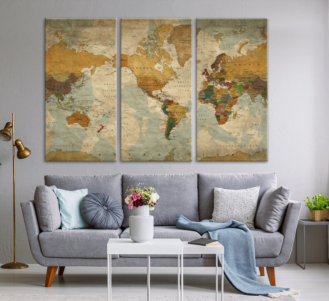 82291 - Sephia World Map Wall Art Multi Panel Impresión en lienzo extragrande para decoración del hogar | Realice un seguimiento de sus viajes con este colorido mapa de aspecto antiguo | Enmarcado listo para colgar de My Great Canvas