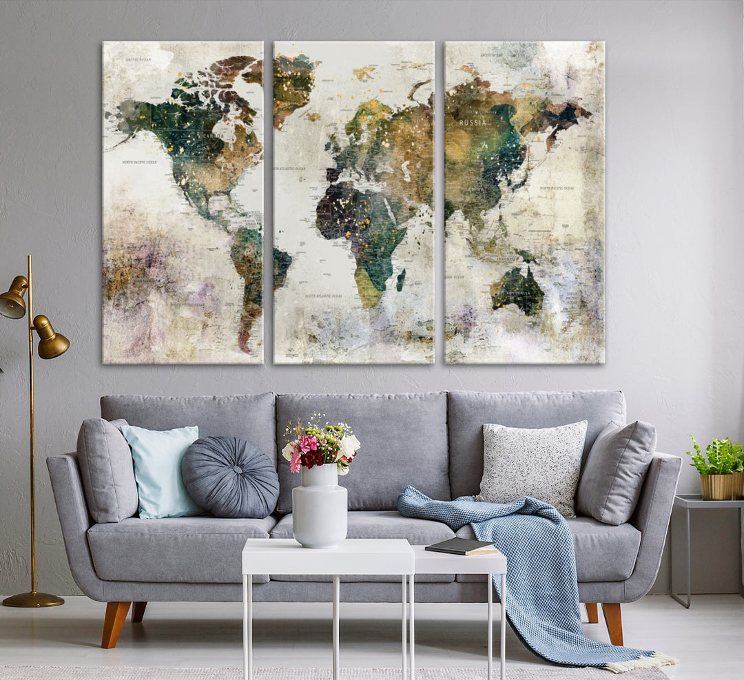 Impresión de arte de pared de mapa del mundo grande - Mapa en lienzo Galería Juego de pared de 3 paneles Regalo para mapa de viajero