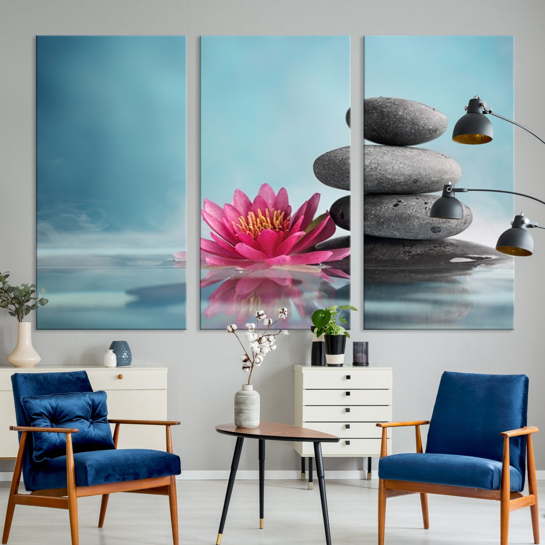 Large Wall Art Floral Canvas Print - Water Lily and Zen Stone in a Serenity Pool
