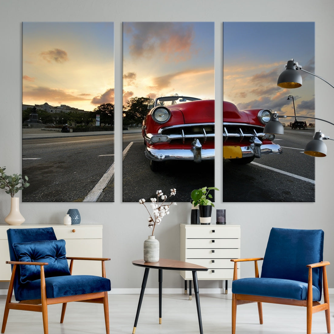 59075 - Large Wall Art Antique Classic Red Car on Road at Sunset Canvas Print