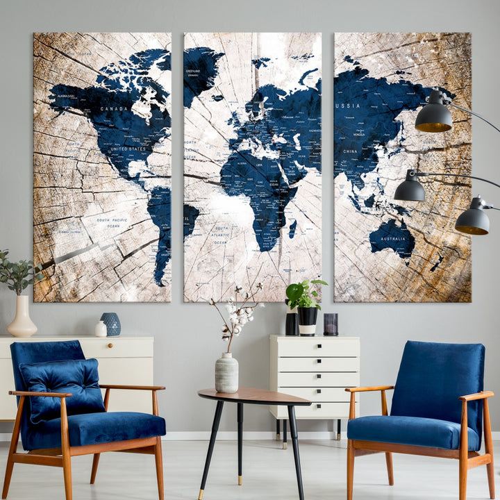 Impresión artística de pared con mapa del mundo vintage, mapa grunge sobre lienzo, juego de 3 paneles de pared, regalo para viajeros, mapa del mundo grande para sala de estar, comedor, cocina, decoración de oficina