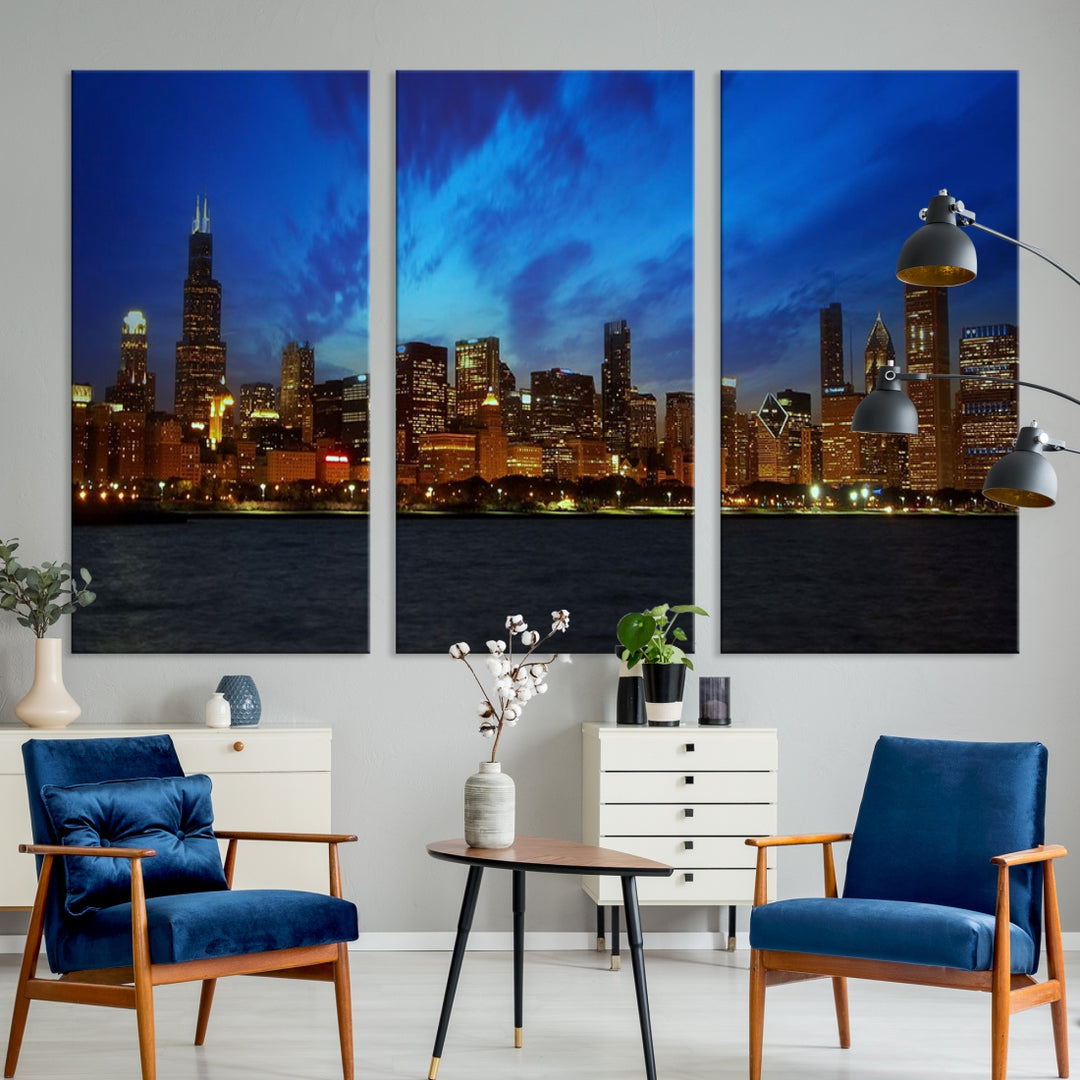 Chicago City Lights Night Blue Wall Art Canvas Print