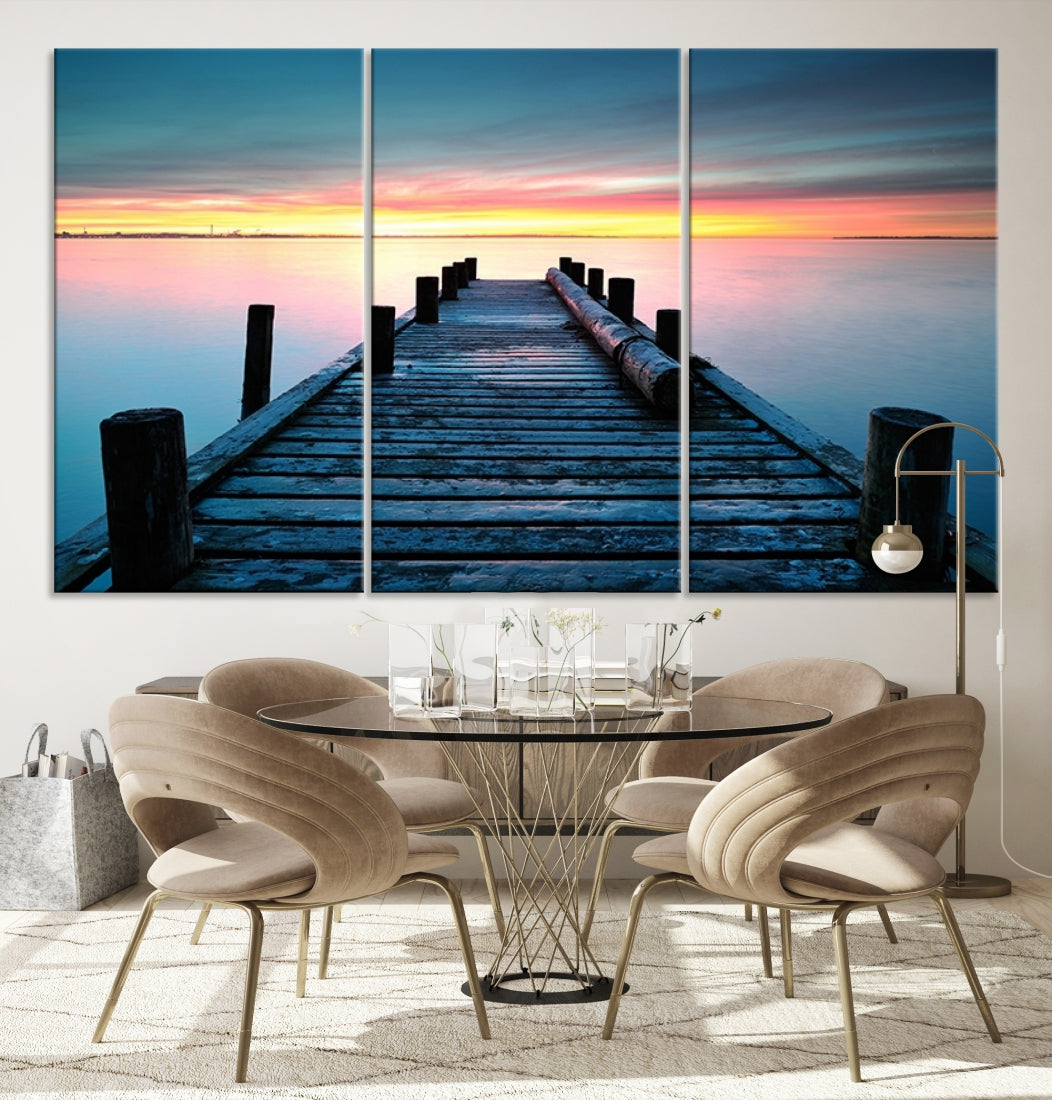 Large Wall Art Vintage Wooden Pier on Sea at Sunset Canvas Print